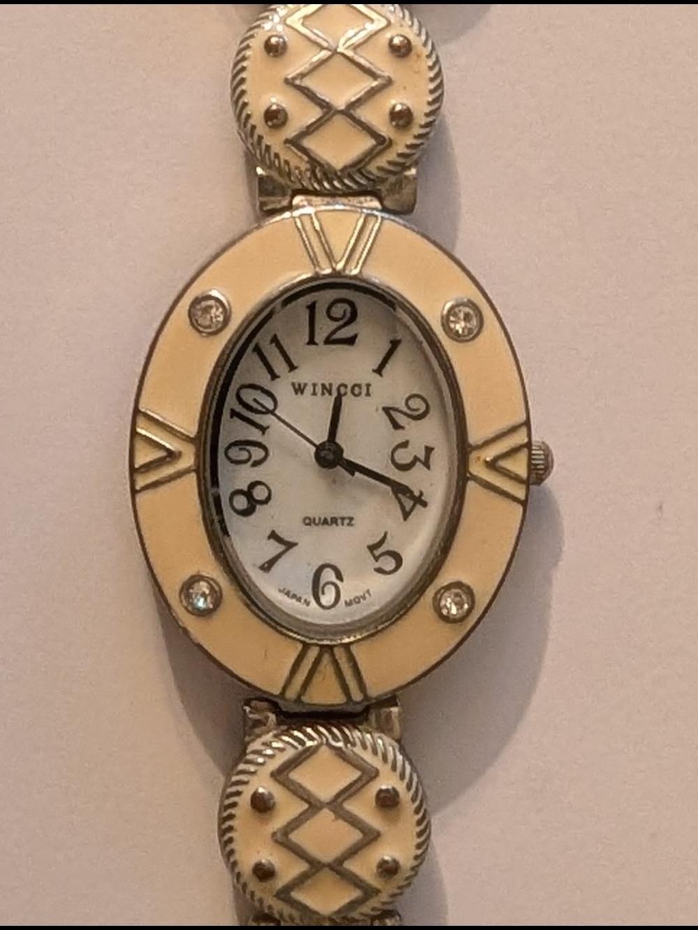 Women's Cream Enamel and Silver Oval Quartz Watch
